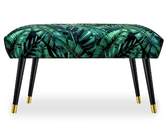 Pouf patterned | Upholstered seat | Leaf green fabric | Exotic pouf | Handmade Pouffe | Hallway Seat |Industrial modern style |Entryway bench