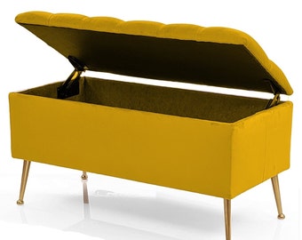 Mustard  Yellow  Velvet Hallway Trunk | Upholstered Chest Box | Bench With Storage | Deep Container Large  |Storage and organization box