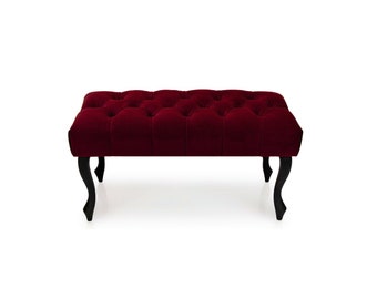 Chesterfield Maroon seat,Hallway bench, shoe ottoman, deep chesterfiled buttons, velvet entrance bench, maroon fabric, otomi ,seat ,pouffe