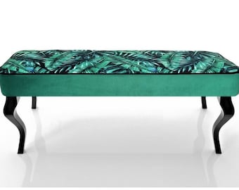 Patterned bench | flower footstool | wooden bench | jungle seat | green leaves pouffe | bottle green pouffe | Handmade | glamor bench | otomi