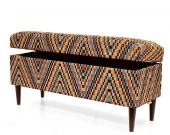 Trunk in patterns |bench with storage|upholstered chest |pouffe with storage| seat with storage|upholstered box |metal black hairpins legs