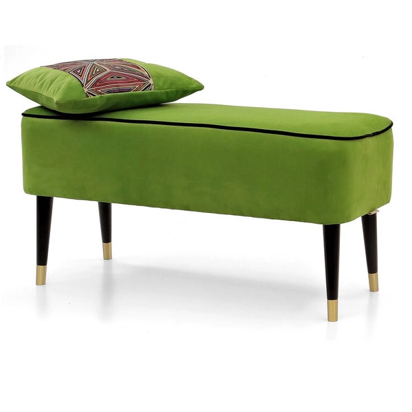 Banc fait à la main | Couloir de pouf | Pouf en métal | Repose-pieds | Tapissé | Siège fait à la main |Velours vert |Repose-pieds rembourré