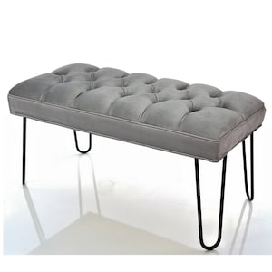 Hairpin Bench | Bench with buttons | Hallway Deep Buttoned | Gray Fabric | Chesterfield industrial bench | Metal legs | Handmade Seat otomi