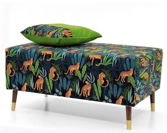Coffee table decor | wood and upholstery coffee table | Green yellow animal pattern| upholstered pouffe|patterned smooth seat footstool