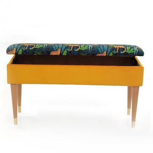 Trunk in patterns | with storage |Mustard Velvet box | pouffe with storage | seat with storage | upholstered box bench | End of bed bench