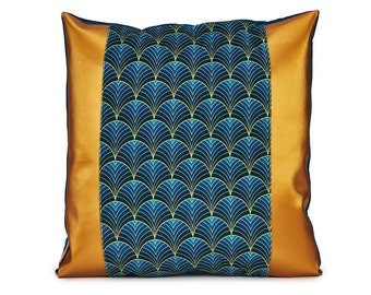 Art deco cushion, navy blue and golden colors, Shining leatherette and suede, Geometric feather style, blue velvet pillow,  unique pillow