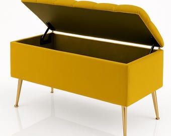 Mustard  Yellow  Velvet Hallway Trunk | Upholstered Chest Box | Bench With Storage | Deep Container Large  |Storage and organization box