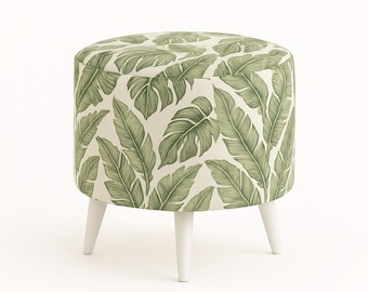 Round Pouf Ottoman – Handmade Jacquard Upholstered Stool – Geometric or Floral Accent Seat – Modern Decorative Footstool