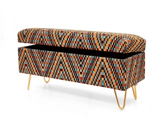 Trunk in patterns |bench with storage|upholstered chest |pouffe with storage| seat with storage|upholstered box |metal gold hairpins legs
