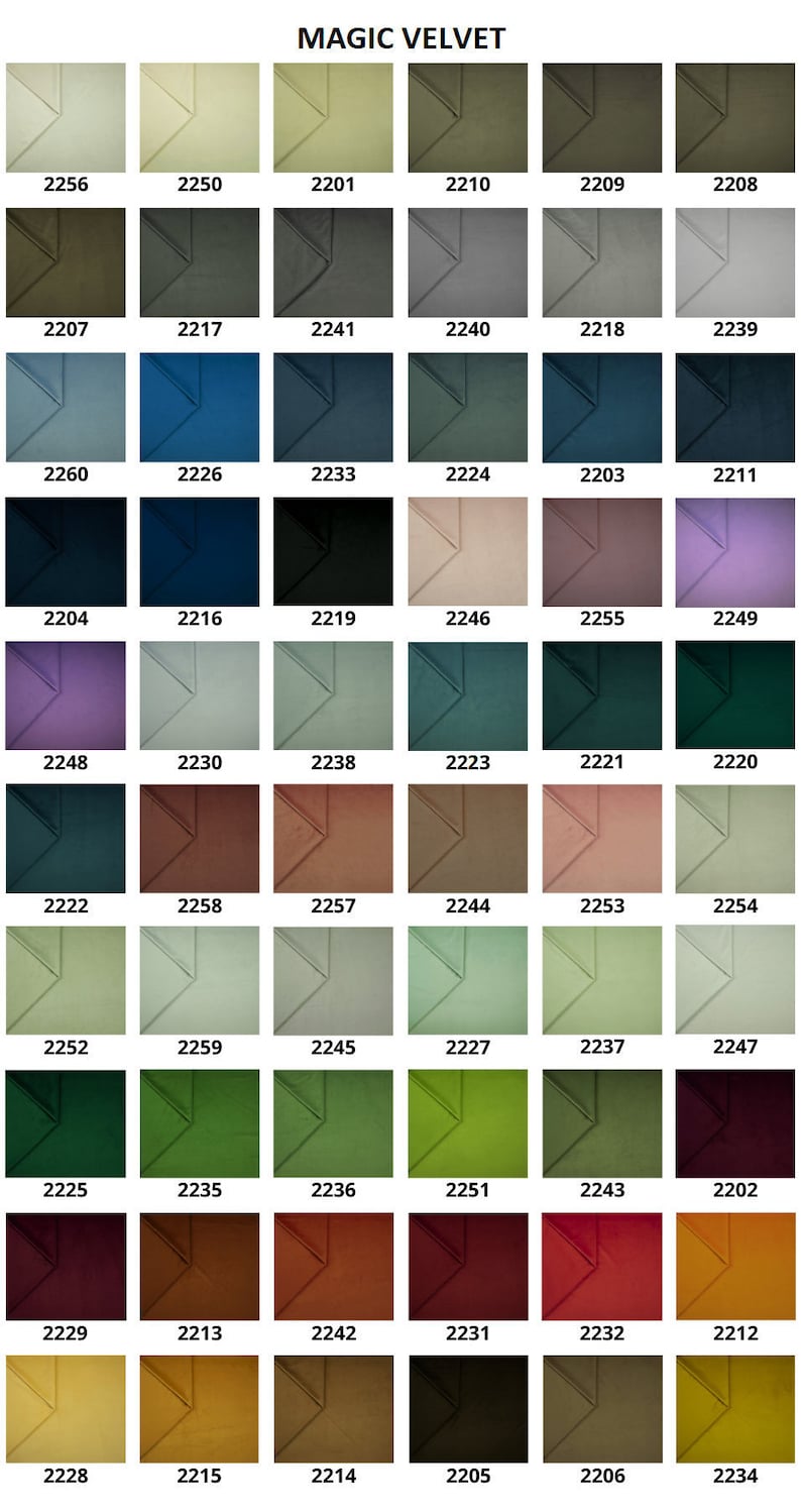 Pode incluir: Uma carta de cores com 36 amostras de tecido em v&aacute;rios tons de verde, marrom, azul, roxo, vermelho e amarelo. As amostras est&atilde;o dispostas em uma grade e etiquetadas com n&uacute;meros de 2201 a 2259. A carta &eacute; intitulada "MAGIC VELVET".