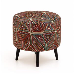 Round Pouf Ottoman – Handmade Jacquard Upholstered Stool – Geometric or Floral Accent Seat – Modern Decorative Footstool