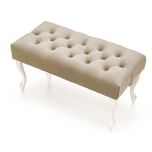 Tufted Bench with Crystal or Upholstered Buttons – Handmade Ottoman Seat, Elegant Bedroom or Hallway Pouffe, Decorative Upholstered Bench