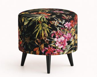 Pouf en velours imprimé – motifs et pieds au choix | Jungle, bohème ou animaux | Tabouret tapissé fait main