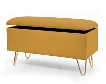 Mustard  Yellow  Velvet Hallway Trunk | Upholstered Chest Box | Bench With Storage | Golden hairpin legs  |Storage and organization box