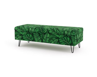 Custom Upholstered Ottoman Bench – Tropical or Velvet Fabric – Coffee Table with Storage – Entryway or Living Room Seating