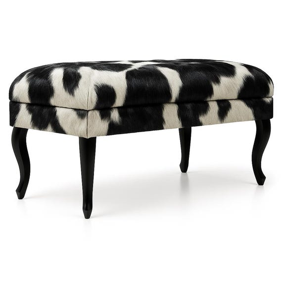 Cowhide Storage Bench with Legs | Upholstered Trunk Ottoman | Animal Print Bench Seat | Bedroom Storage Chest | Modern Farmhouse Bench