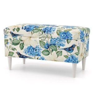 Blommigt klädd förvaringskista – Romantisk bänk med kuddlock – Shabby chic sovrumsbyrå, specialdesignad tygfotpall