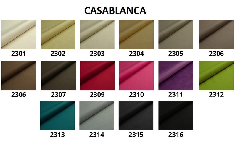 Pode incluir: Uma carta de cores que mostra 16 amostras de tecido diferentes etiquetadas com n&uacute;meros de 2301 a 2316. As amostras de tecido est&atilde;o dispostas em uma grade de quatro linhas e quatro colunas. As amostras de tecido s&atilde;o de uma variedade de cores, incluindo bege, marrom, vermelho, rosa, roxo, verde, azul esverdeado, cinza e preto.