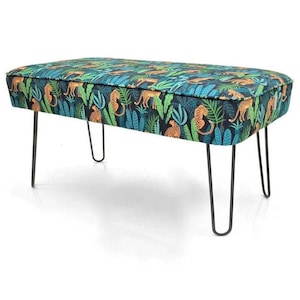Bench Metal Industrial Animal Pattern Pouf Footstool Upholstered Handmade Pouffe Hallway Seat LOFT Upholstered Pin bench Cheetahs and Plants
