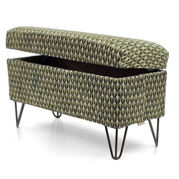 Trunk in patterns |bench with storage|upholstered chest |pouffe with storage| seat with storage|upholstered box |metal black hairpins legs