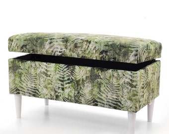 Trunk in patterns |bench with storage|upholstered chest |pouffe with storage| seat with storage|upholstered box |Green leaves pattern