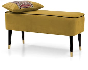 Handmade Bench | Pouffe Hallway | Yellow Fabric| Footstool | Upholstered | Handmade Seat | Pouffe Hallway |Retro bench |Footstool Upholstered