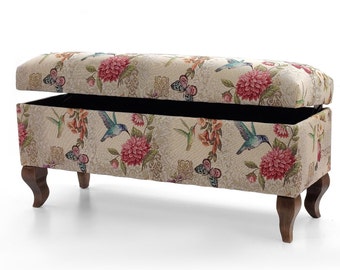 Coffre à motifs |banc avec rangements|coffre tapissé |pouf avec rangements|siège avec rangements|coffre tapissé|motif fleurs et fleurs