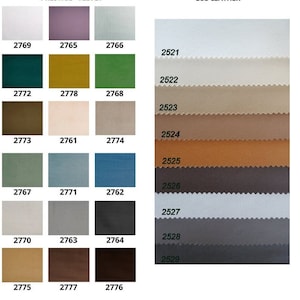 May include: A color chart showing fabric swatches for upholstery. The swatches are labeled with numbers. The top row is labeled "PRESTIGE VELVET" and the bottom row is labeled "ECO LEATHER".