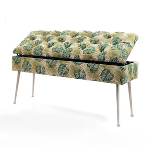 Baú, banco com armazenamento, baú chesterfield estofado, assento de banco com armazenamento, assento com tapeçaria monstera estofada, recipiente para roupa de cama