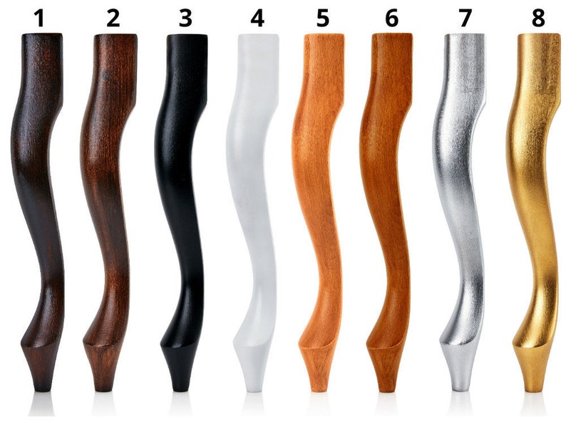 May include: Eight different chair legs in various finishes, including dark brown, black, white, light brown, medium brown, silver, and gold.