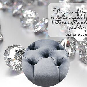 May include: Close-up of a gray tufted fabric ottoman with diamond-shaped buttons. The price of the product includes crystal buttons or buttons in the color of the upholstery. BENCHDECOR