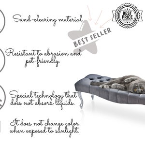 May include: A gray tufted bench with silver legs and a cat lying on top. The bench is described as being sand-clearing, resistant to abrasion and pet-friendly, and having a special technology that does not absorb liquids. It is also described as being UV resistant and not changing color when exposed to sunlight.