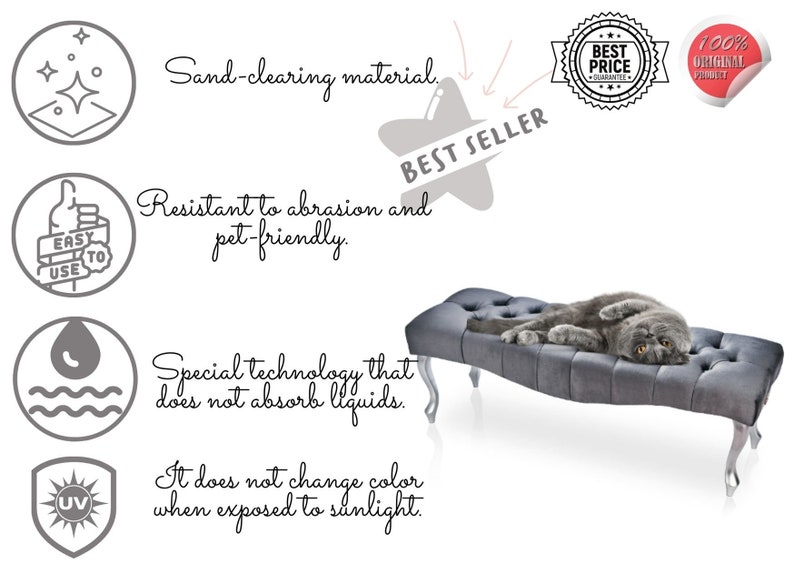 May include: A gray tufted bench with silver legs and a cat lying on top. The bench is described as being sand-clearing, resistant to abrasion and pet-friendly, and having a special technology that does not absorb liquids. It is also described as being UV resistant and not changing color when exposed to sunlight.