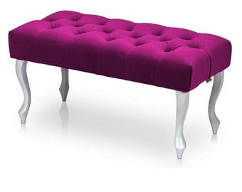 Tabouret banc capitonné couleur fuchsia |banc rose décoratif|tabouret pieds en bois|banc de salon |tabouret debanc d'entrée|boutonné profond