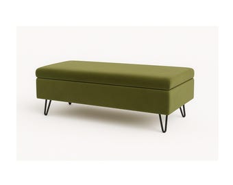May include: Olive green storage bench with a rectangular shape. The bench has a padded top and is supported by four black hairpin legs. The bench is designed for indoor use and provides storage space.