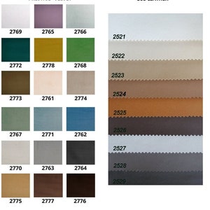 Pode incluir: Uma carta de cores que mostra amostras de tecido para estofamento. As amostras s&atilde;o etiquetadas com n&uacute;meros. A linha superior &eacute; etiquetada como "PRESTIGE VELVET" e a linha inferior como "ECO LEATHER".
