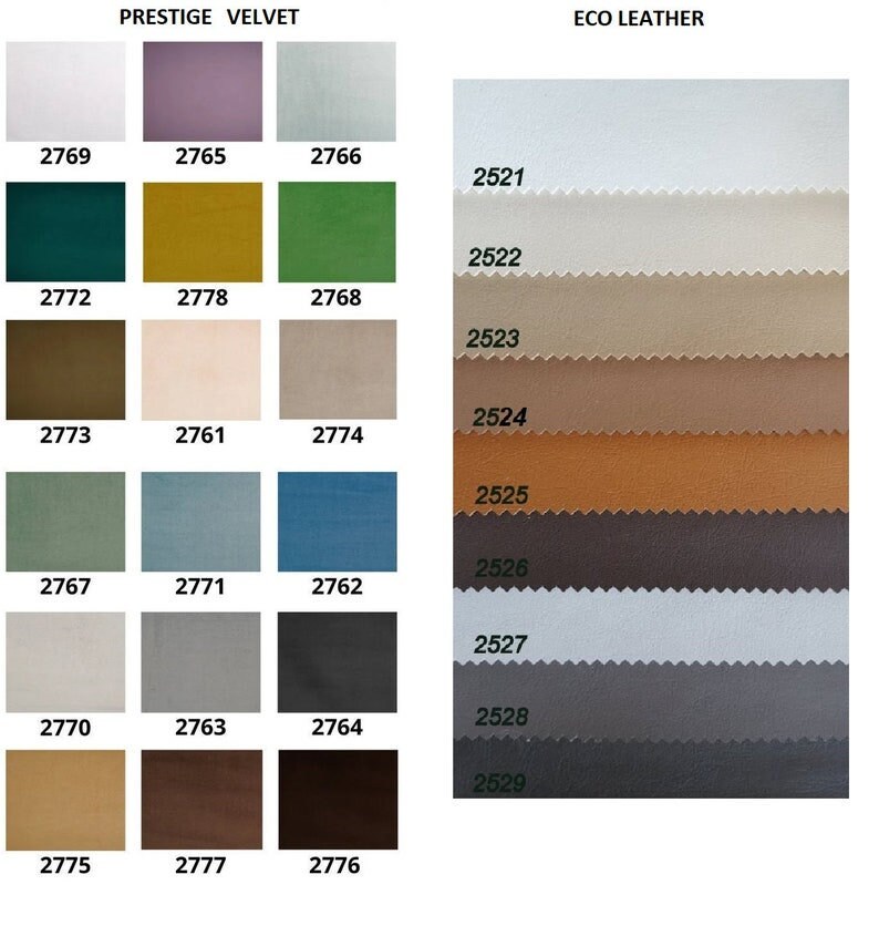 Pode incluir: Uma carta de cores que mostra amostras de tecido para estofamento. As amostras s&atilde;o etiquetadas com n&uacute;meros. A linha superior &eacute; etiquetada como "PRESTIGE VELVET" e a linha inferior como "ECO LEATHER".