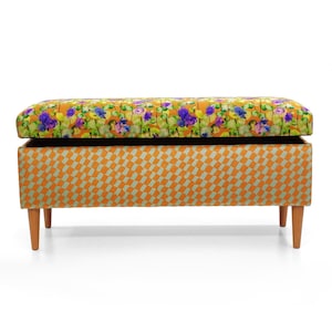 Trunk in patterns | Storage and organization box | pouffe with storage | seat with storage | Mustard Yellow Velvet Hallway Trunk|Ottoman Box