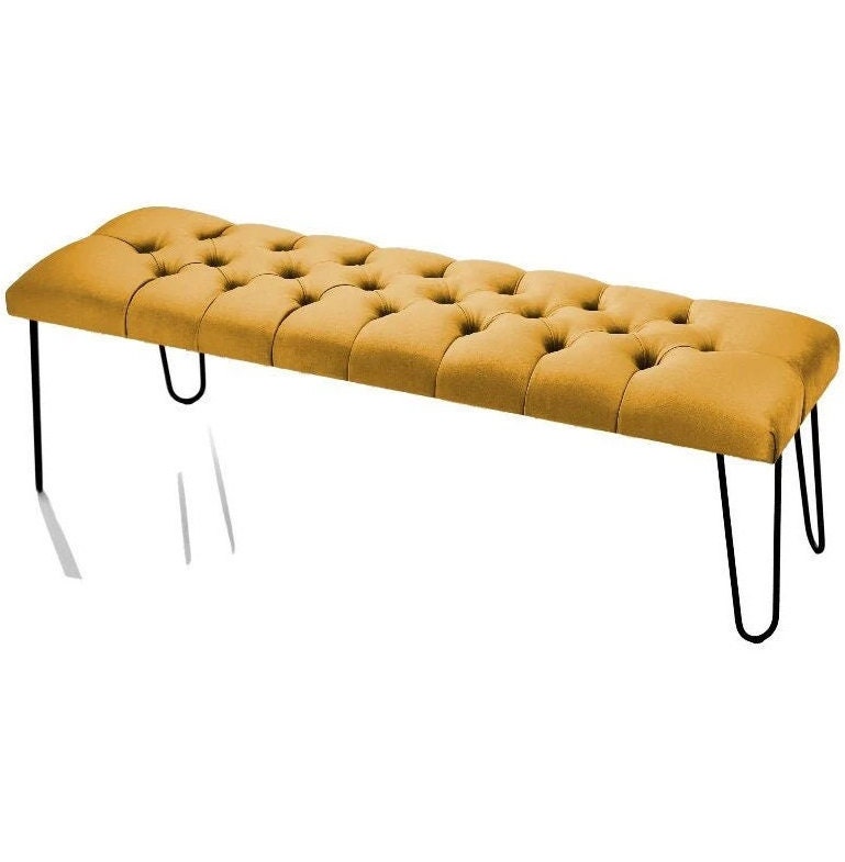 Dining bench |Loft style seat|Industrial fabric restaurant bench|With Bench Luxury buttons | Metal Black hairpin legs |Quilted otomi bench