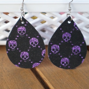Glitter Skull Earrings, Gothic Earrings, Faux Leather Earrings, Halloween Earrings, Sparky Dangles, Teen Girl Gift