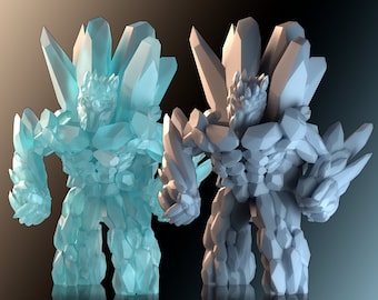 May include: Two crystal golem figurines, one blue and one grey, standing on a black surface. The golems are made of many crystal shards and have a humanoid shape.