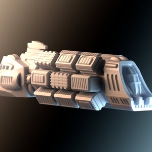 Könnte beinhalten: Ein weißes, futuristisch aussehendes Raumschiff mit einem langen, zylindrischen Rumpf und einer abgerundeten Nase. Das Schiff hat eine Reihe von Abteilen an seiner Seite und eine Reihe von Lüftungsöffnungen oder Triebwerken am Heck.