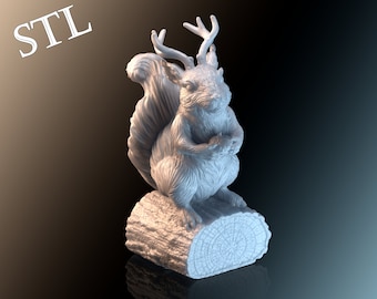 May include: A white 3D printed figurine of a squirrel with antlers, sitting on a log. The squirrel is holding its paws together in front of its chest.