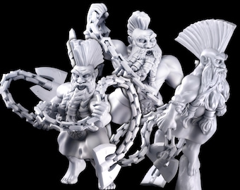 May include: Three white painted miniature figurines of dwarves with axes and chains. The dwarves have long beards and mohawks.