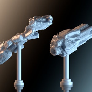 May include: Two white, detailed, futuristic spaceship models on display stands. The spaceships are made of plastic and have a variety of shapes and textures.