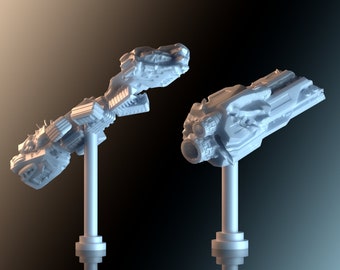 May include: Two white, detailed, futuristic spaceship models on display stands. The spaceships are made of plastic and have a variety of shapes and textures.
