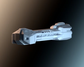 May include: A white, futuristic spaceship with a long, narrow body and a pointed nose. The spaceship has a series of windows and hatches along its side.