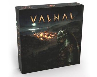 May include: A black board game box featuring the word "VALHAL" in gold. The artwork shows a Viking warrior in armour looking over a village at night, with a fiery glow from the buildings.