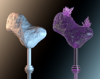 May include: Two abstract sculptures, one white and one purple, with crystal-like formations on top. Both sculptures are mounted on a pedestal.