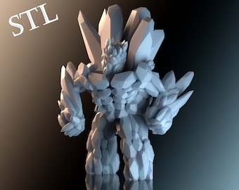 May include: A 3D-rendered, light grey figure of a humanoid-like being, constructed from geometric crystal-like shapes. The figure has a muscular build and is posed in a standing position. The letters "STL" are in the upper left corner.